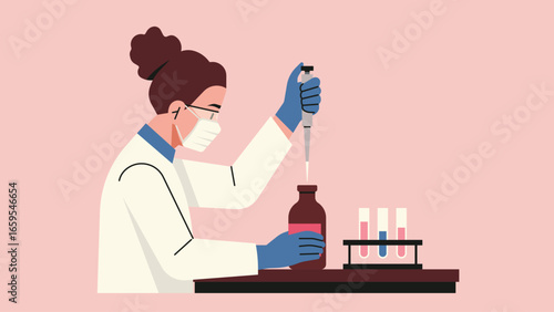 Female scientist in laboratory coat and mask using micropipette to transfer liquid sample into bottle with test tubes on table for experiment and medical research. Flat vector illustration