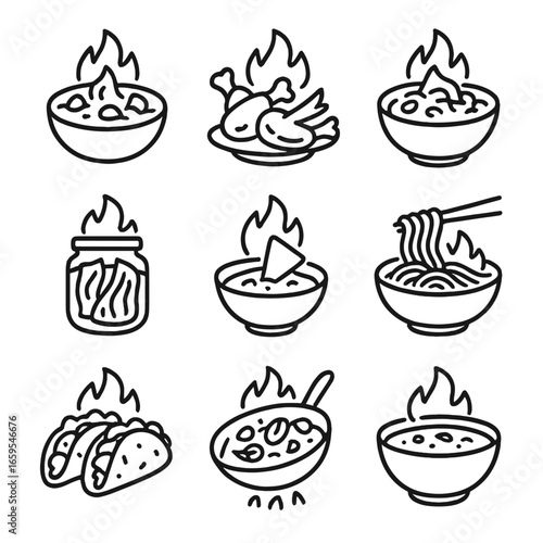 Spicy Dish Icons. Outline icon set of spicy dishes: spicy curry, hot wings, chili con carne, kimchi, spicy salsa, spicy ramen,