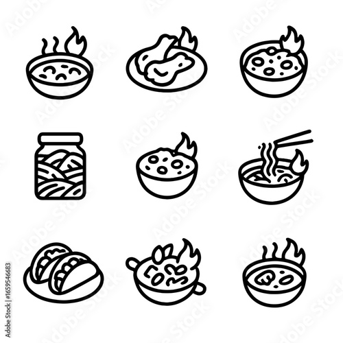 Spicy Dish Icons. Outline icon set of spicy dishes: spicy curry, hot wings, chili con carne, kimchi, spicy salsa, spicy ramen,