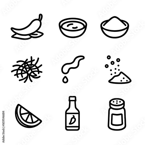 Spicy Food Icon Set. Outline icon set of spicy food presentation: chili garnish, dipping sauce, spice bowl, chili threads, chili