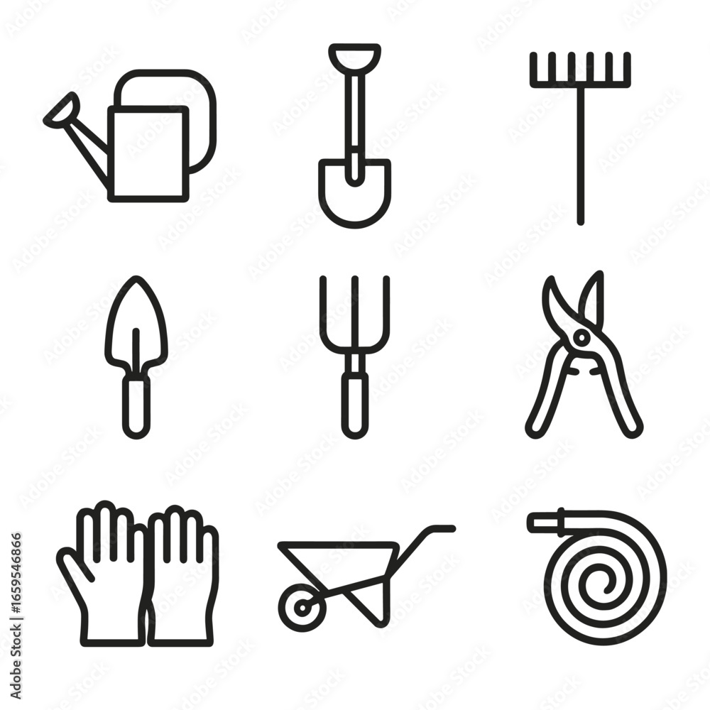 Obraz premium Garden Tools Icons. Outline icon set of garden tools: watering can, shovel, rake, trowel, garden fork, pruning shears, wheelbarrow