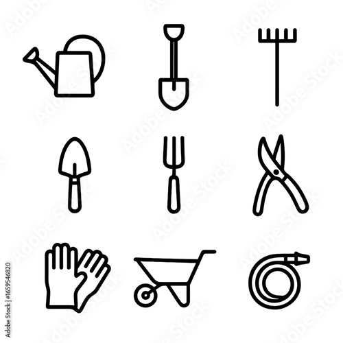 Garden Tools Icons. Outline icon set of garden tools: watering can, shovel, rake, trowel, garden fork, pruning shears, wheelbarrow