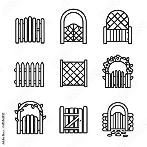 Garden Gate Icons. Outline icon set of garden gates: wooden gate, garden arch, trellis gate, picket gate, lattice gate,