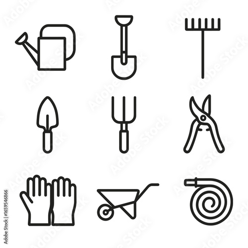 Garden Tools Icons. Outline icon set of garden tools: watering can, shovel, rake, trowel, garden fork, pruning shears, wheelbarrow