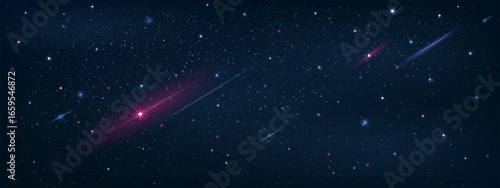 Starry night sky with glowing shooting stars, dreamy cosmic lights on dark blue in winter,Vector Nature Stardust field for sci fi design, space themed backgrounds, galaxy presentations, fantasy art 
