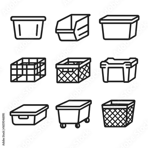 Storage Bin Icons. Outline icon set of storage bins: plastic bin, stackable bin, lidded bin, wire bin, collapsible bin, heavy-duty