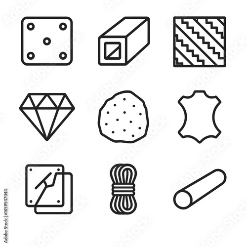 Strong Material Icons. Outline icon set of strong materials: steel plate, concrete block, carbon fiber, titanium bar, diamond,