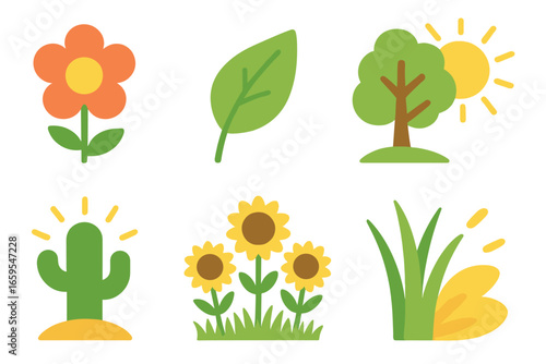 Sunlit Nature Icons. Flat vector mini-illustrations sunlight and plants in colors children's illustrations: blooming flower,