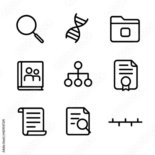 Genealogy Tools Icons. Outline icon set of genealogy tools: magnifying glass, DNA strand, archive folder, family album, pedigree