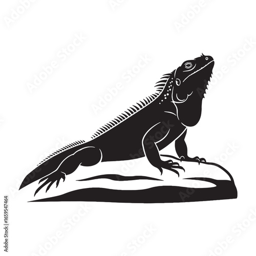 Iguana Silhouette with Bold Outline of Crest and Tail – Iguana Vector Artwork for High-Quality Graphics – Black Vector of Iguana