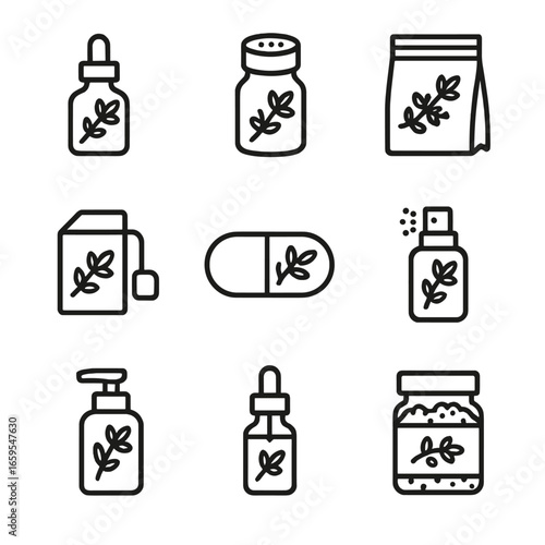 Thyme Product Icons. Outline icon set of thyme products: thyme essential oil, thyme seasoning bottle, dried thyme pack, thyme