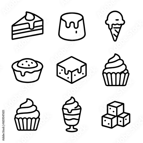 Toffee Dessert Icons. Outline icon set of toffee desserts: toffee cake slice, toffee pudding, toffee ice cream, toffee mousse,
