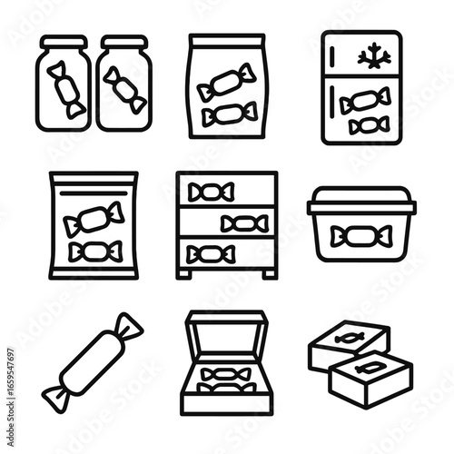 Toffee Storage Icon Set. Outline icon set of toffee storage and preservation: toffee jars, sealed toffee bags, refrigerated toffee