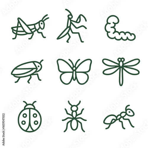 Green Insect Icons. Outline icon set of green insects: grasshopper, praying mantis, caterpillar, beetle, leafhopper, butterfly,