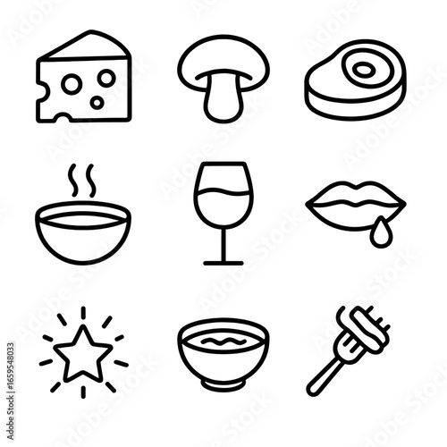 Umami Taste Icons. Outline icon set of umami taste sensations: savory, rich, meaty, brothy, full-bodied, mouthwatering, complex,