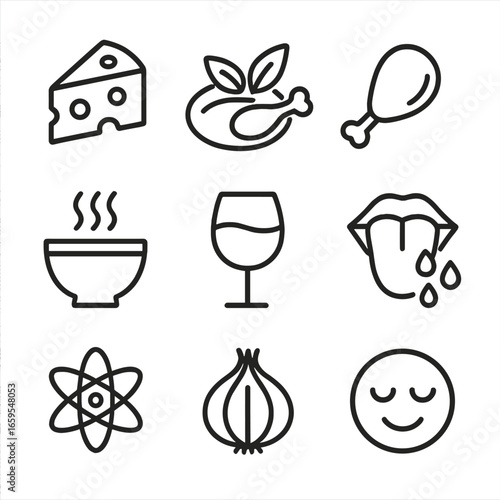 Umami Taste Icons. Outline icon set of umami taste sensations: savory, rich, meaty, brothy, full-bodied, mouthwatering, complex,