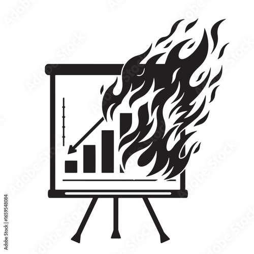 Burning financial graph icon represents economic downturn and loss in business performance