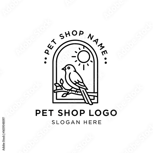 Minimalist pet shop logo featuring a bird perched on a branch inside an arched window with a sun, surrounded by text.