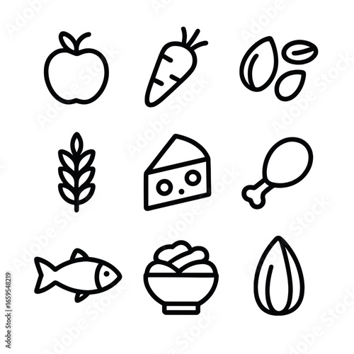 Healthy Foods Icon Set. Outline icon set of healthy foods: fruits, vegetables, nuts, grains, dairy, meat, fish, legumes, seeds.