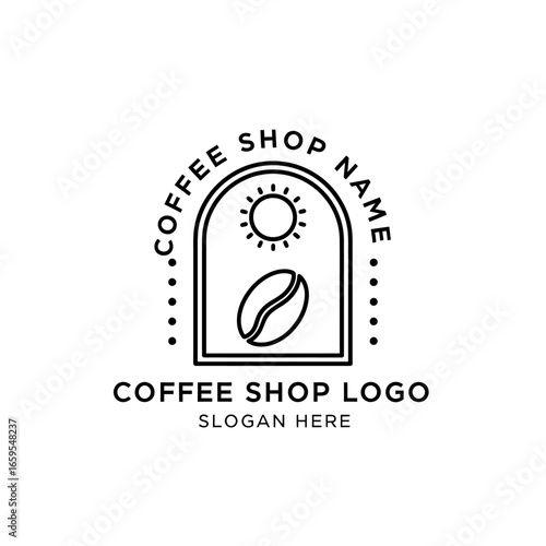A minimalist line art logo for a coffee shop featuring a coffee bean and sun inside an arched frame.