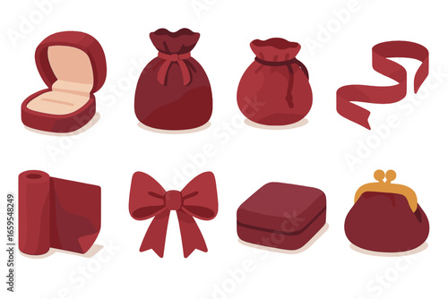 Velvet Gift Icons. Flat vector mini-illustrations velvet gifts and packaging in colors children's illustrations: velvet jewelry