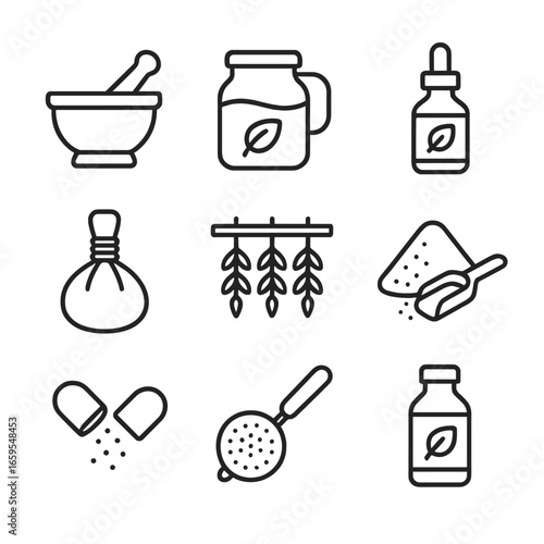 Herbal Medicine Icons. Outline icon set of herbal medicine preparation: mortar and pestle, infusion jar, tincture bottle, herbal