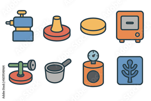 Wax Casting Tools. Flat vector mini-illustrations wax model tools in colors children's illustrations: wax block, carving tool, wax
