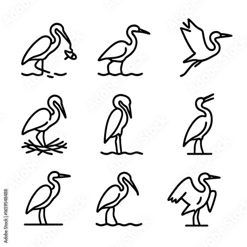 Heron Behavior Icons. Outline icon set of heron behaviors: fishing, wading, flying, nesting, preening, calling, perching, hunting,