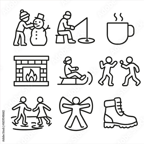 Winter Activity Icons. Outline icon set of winter activities: building snowman, ice fishing, hot cocoa, fireplace, sledding,