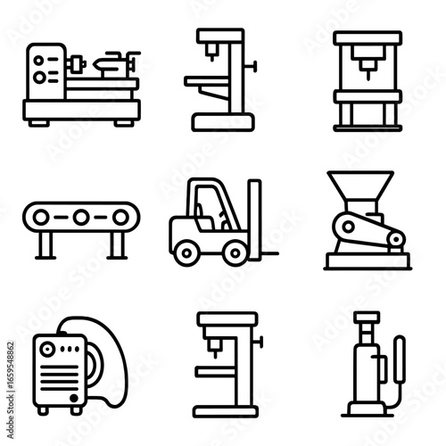 Industrial Machine Icons. Outline icon set of durable industrial machines: lathe, milling machine, press, conveyor belt, forklift,