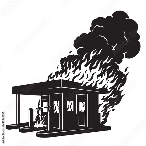 Burning gas station in black and white depicting a disaster with flames and smoke