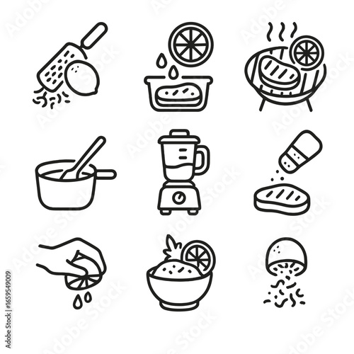 Zesty Cooking Icons. Outline icon set of zesty cooking techniques: zesting, marinating, grilling with citrus, stirring, blending,