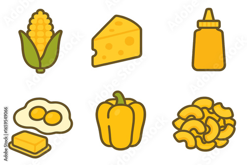 Yellow Food Icons. Flat vector mini-illustrations yellow food in colors children's illustrations: corn, cheese wedge, scrambled