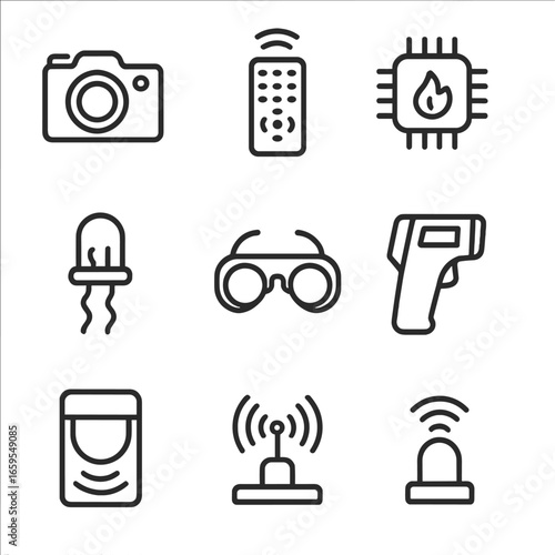 Infrared Devices Icons. Outline icon set of infrared devices: infrared camera, remote control, thermal sensor, IR LED, IR receiver