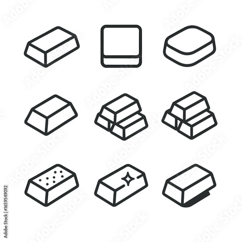 Ingot Icon Set. Outline icon set of ingot shapes: rectangular ingot, square ingot, rounded ingot, tapered ingot, stacked ingots,