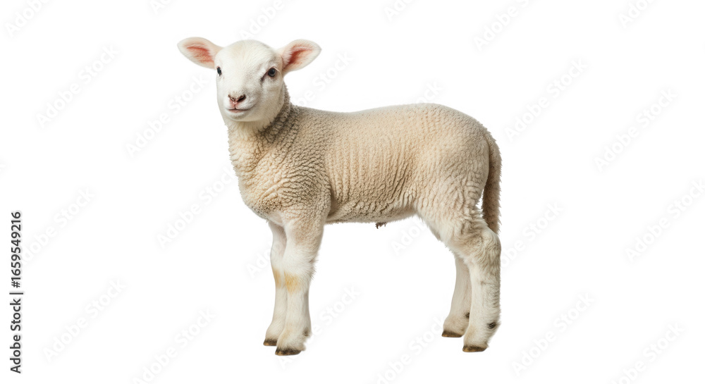 Obraz premium A cute young lamb stands isolated on a transparent background