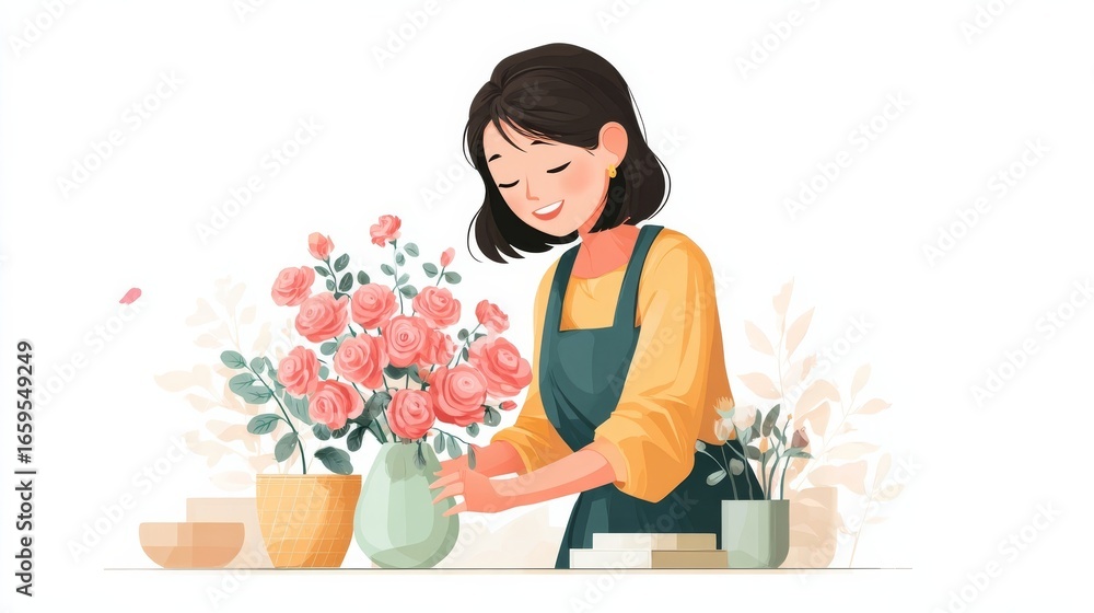 A woman in a yellow shirt and olive-green apron arranges pink roses in a light green vase surrounded by delicate floral A woman in a yellow shirt and olive-green apron arranges pink roses in a light green vase surrounded by delicate floral