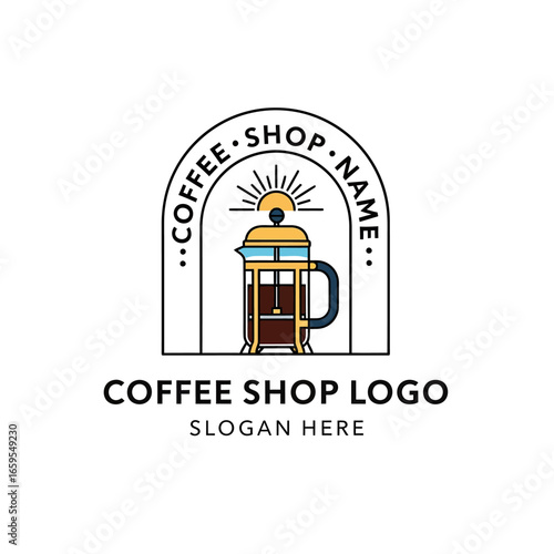 A minimalist logo design featuring a French press coffee maker, sunburst, and arched frame, perfect for a coffee shop.