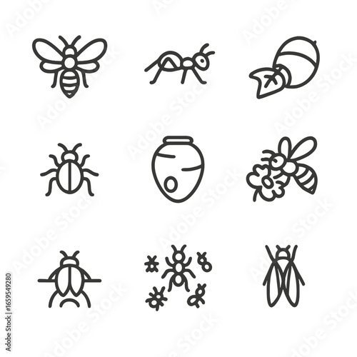 Insect Behavior Icons. Outline icon set of insect behavior: flying, crawling, feeding, mating, nesting, pollinating, burrowing,