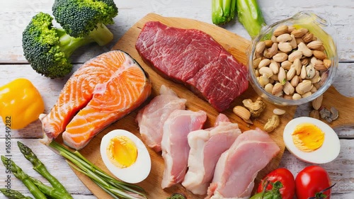 High protein food. Fish, meat, poultry, nuts, eggs and vegetables. Healthy eating and balanced food concept. Top view footage