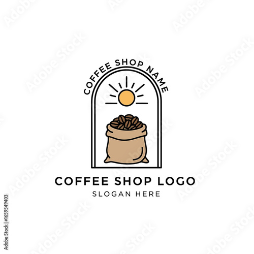 Simple line art logo for a coffee shop, featuring a burlap sack of coffee beans under a sun.