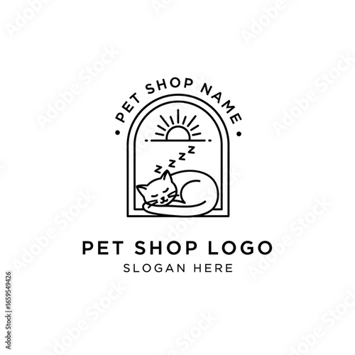 Minimalist logo design featuring a sleeping cat inside an arched window with a rising sun, branding for a pet shop.