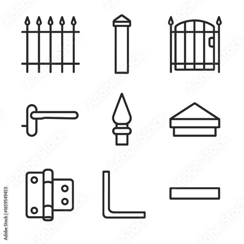 Iron Fence Icon Set. Outline icon set of iron fence components: fence panel, fence post, fence gate, fence latch, finial, fence