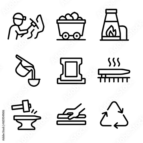 Iron Production Icons. Outline icon set of iron production cycle: mining, ore cart, smelting furnace, molten iron, casting mold,