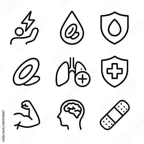 Iron Supplement Benefits Icons. Outline icon set of iron supplement benefits: increased energy, improved blood cells, anemia
