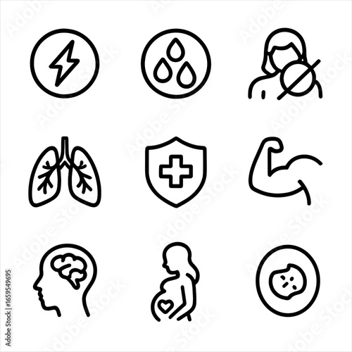 Iron Supplement Benefits Icons. Outline icon set of iron supplement benefits: increased energy, improved blood cells, anemia