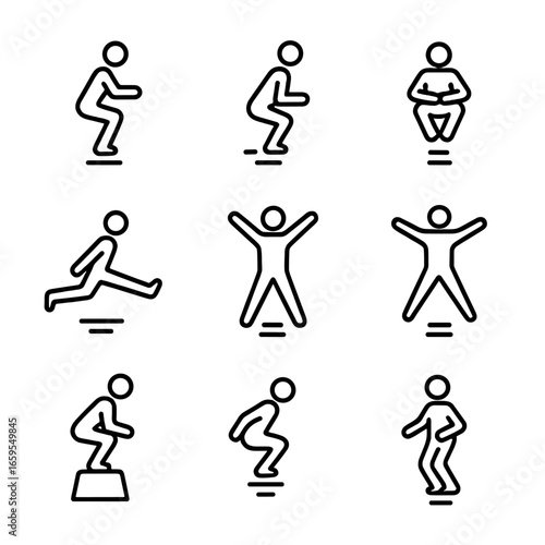 Jump Fitness Icons. Outline icon set of jump fitness moves: jump squat, jump lunge, tuck jump, split jump, box jump, jump jack,
