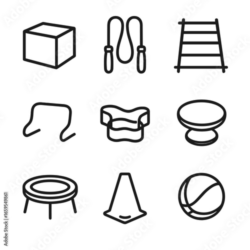 Jump Fitness Icons. Outline icon set of jump fitness equipment: plyo box, jump rope, agility ladder, hurdle, resistance band,
