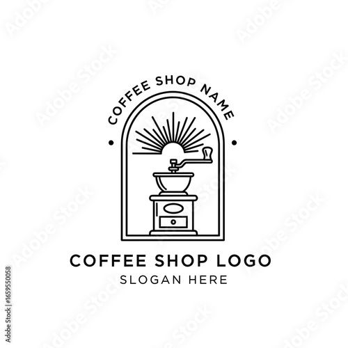 Minimalist coffee shop logo featuring a vintage coffee grinder, stylized sun rays, and arched frame with customizable text.