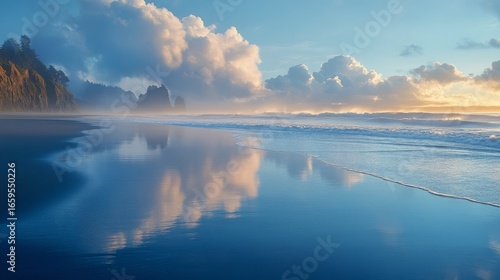 Golden hour serenity on a vast coastal expanse where towering sea stacks emerge from soft mist and the vibrant sky's reflection perfectly mirrors upon the tranquil, wet sand.